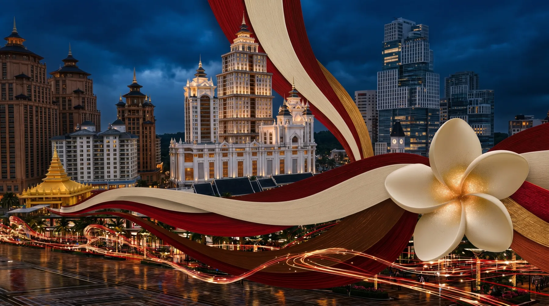 老挝磨丁经济特区夜景建筑与鸡蛋花城市主视觉